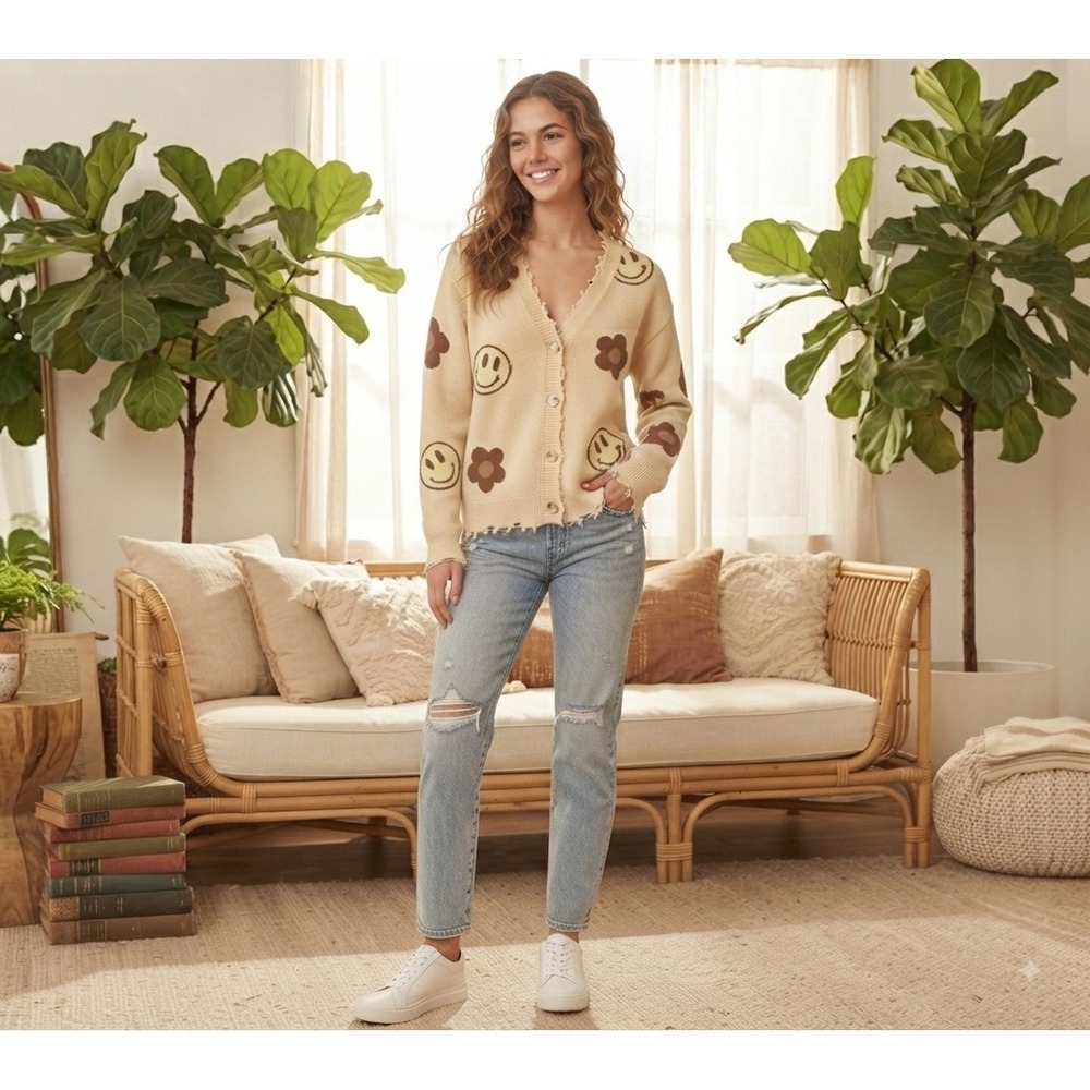 Smiley Face Floral Distressed V-Neck Cardigan Sweater Cream Brown L